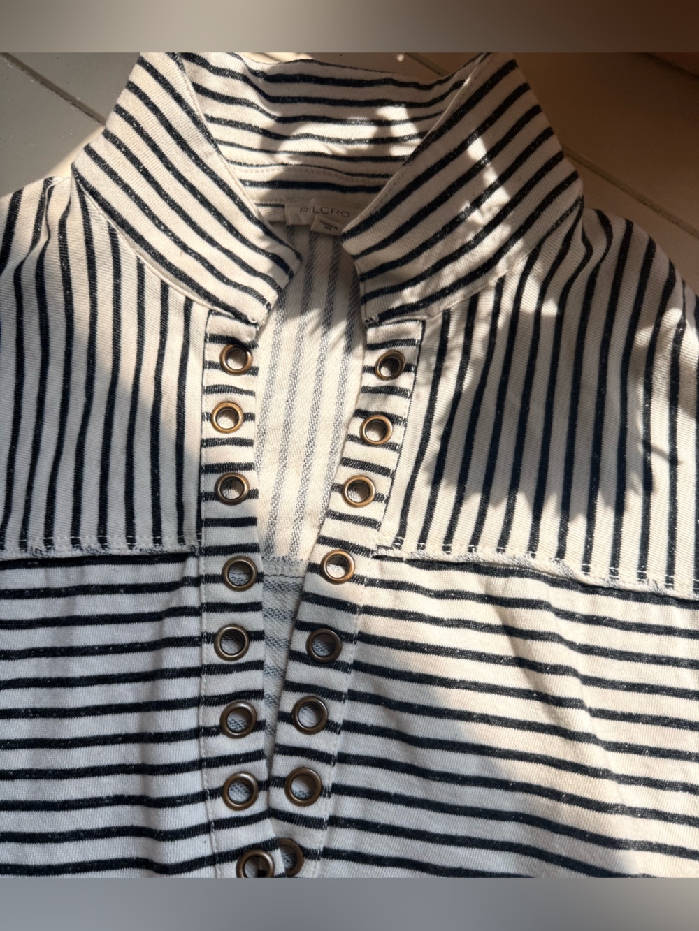 Pilcro Striped White and Black Jeans Overalls with Brass Eyelets